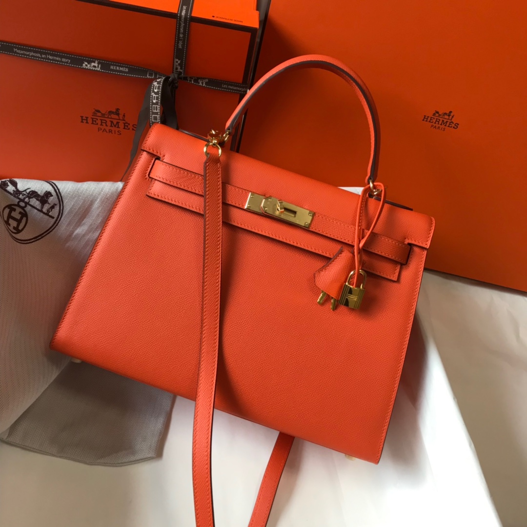 Hermes Kelly 32cm Handbag Shoulder Bag in Feu Orange Epsom Leather